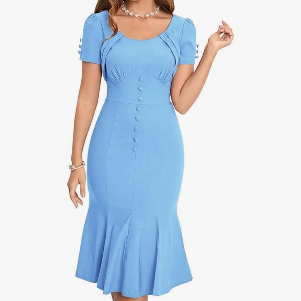 Chic Sky Blue Midi Pinup Dress
